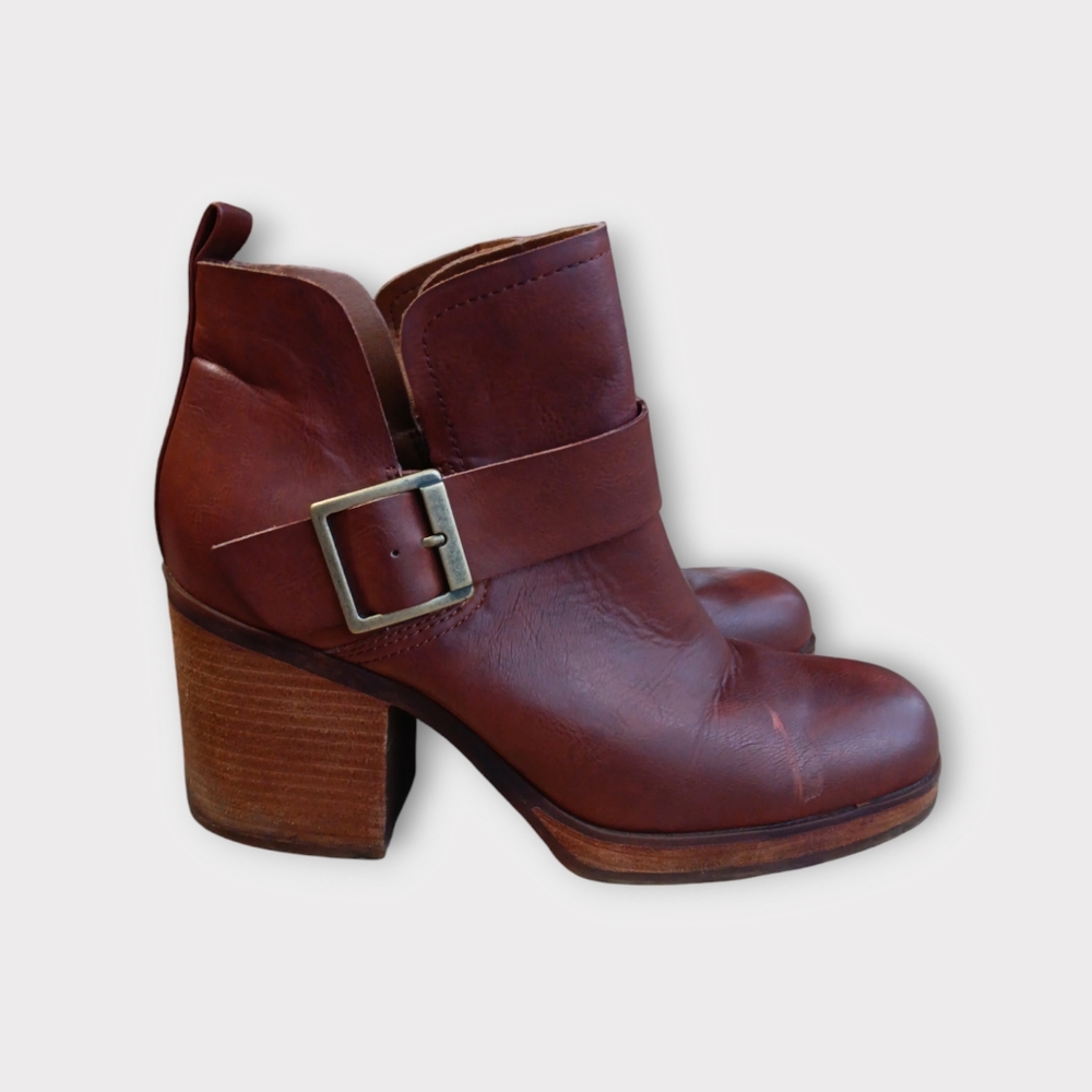 🤎KORKS KARI BOOTIES WOMEN'S SIZE 10 BROWN HEEL SIDE BUCKLE SQUARE TOE BO - Picture 6 of 9